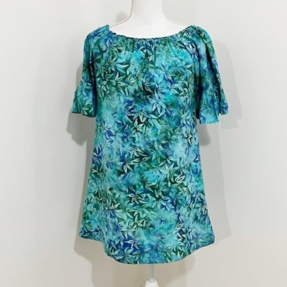 Kou Aloha Hawaiian Mini Dress Tropical Blue Green Flutter Sleeves - Picture 1 of 5